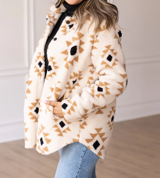 Women's Aztec Pattern Button Down Sherpa Jacket CLEARANCE