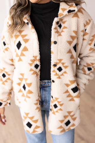 Women's Aztec Pattern Button Down Sherpa Jacket CLEARANCE