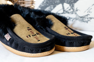 Men's Rabbit Fur Beaded Rubber Sole Moccasins