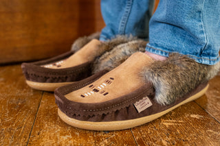 Men's Rabbit Fur Beaded Rubber Sole Moccasins