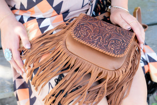 Leather Tooled Fringe Crossbody Purse