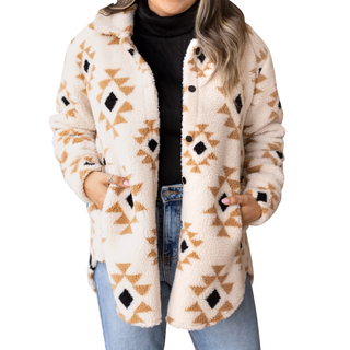 Women's Aztec Pattern Button Down Sherpa Jacket CLEARANCE