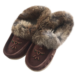 Women's Rabbit Fur Thunderbird Beaded Crepe Sole Moccasins
