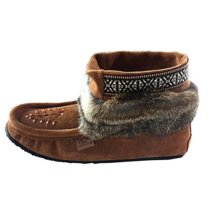 Women's Dark Tan Rabbit Fur Ankle Moccasin Boots