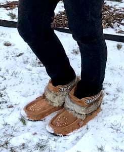 Women's Dark Tan Rabbit Fur Ankle Moccasin Boots