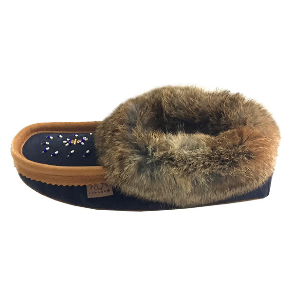 Women's Rabbit Fur Trim Genuine Suede Soft Sole Moccasin Slippers