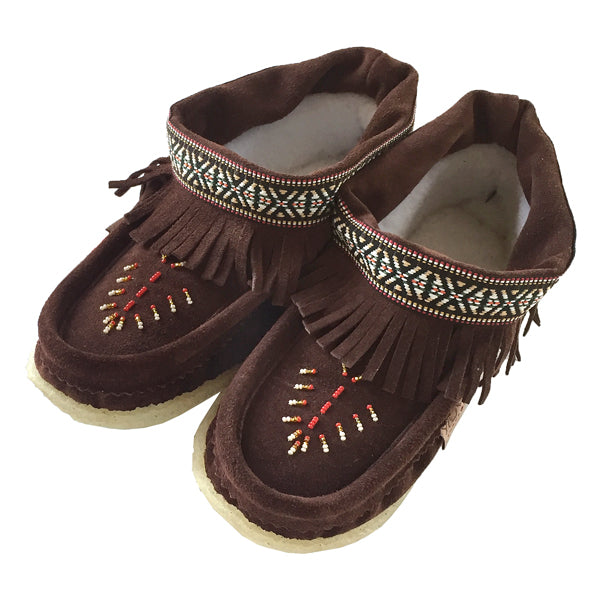 Women's Chocolate Brown Ankle High Beaded Fringed Moccasin Shoes