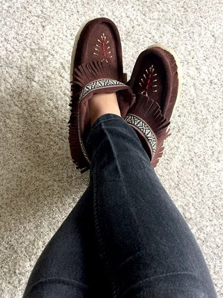 Women's Fringed Beaded Crepe Sole Suede Moccasins