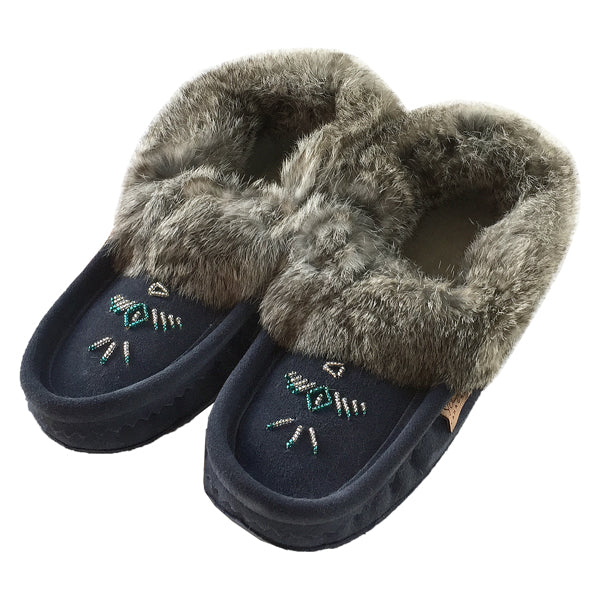 Women's Native American Style Rabbit Fur Trimmed Moccasin Slippers