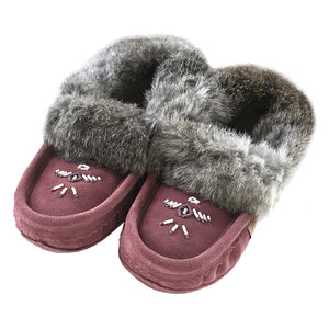 Women's Native American Style Rabbit Fur Trimmed Moccasin Slippers ...