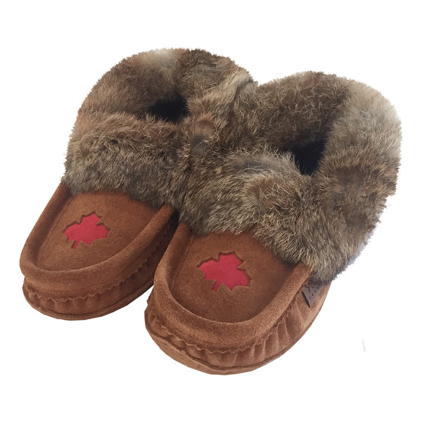 Womens Genuine Suede Rabbit Fur Trim Moccasin Slippers with Maple