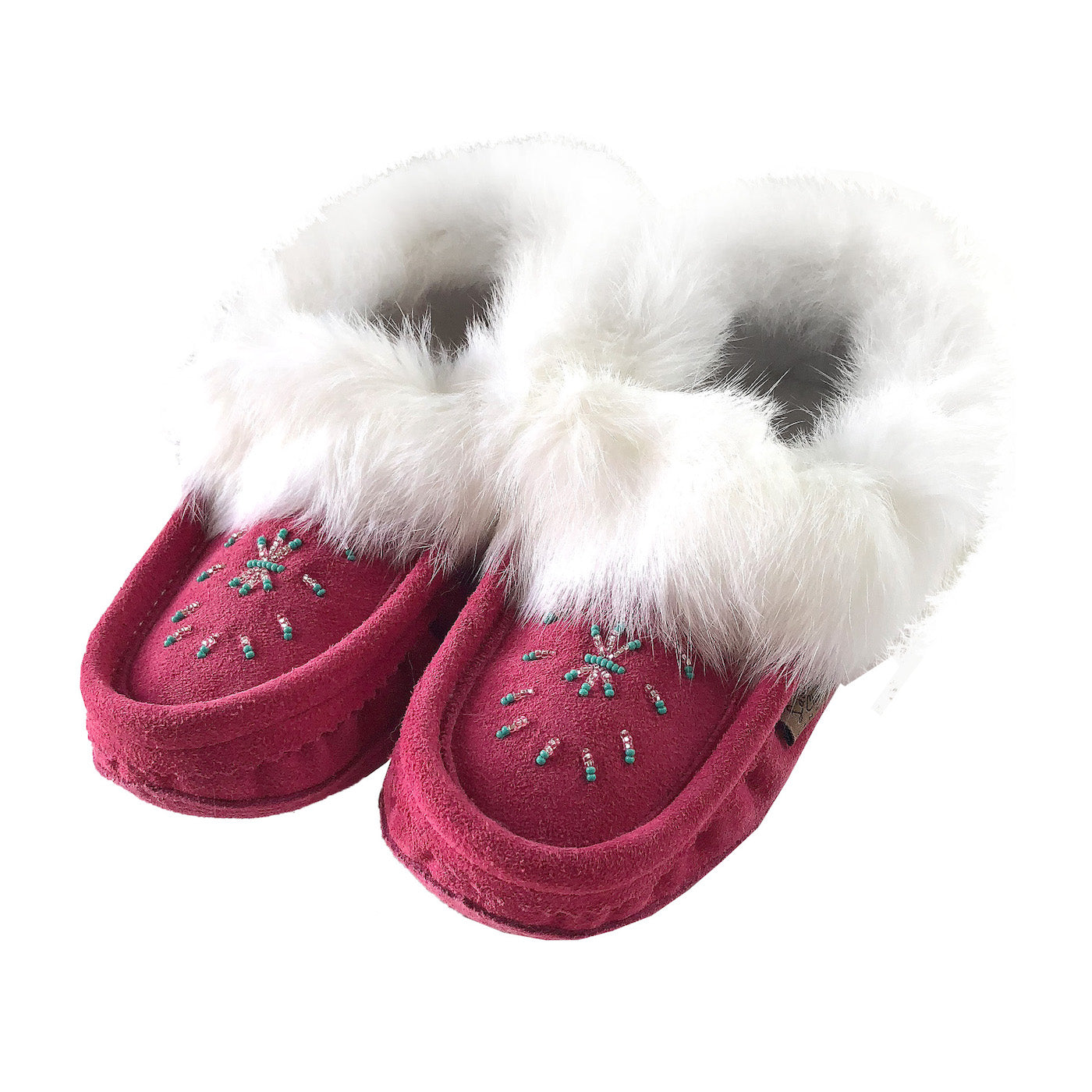 Women's Pink Genuine Suede Moccasin Slippers with Real Rabbit Fur