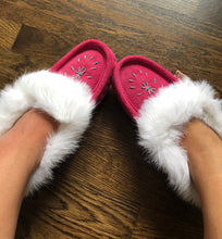 Women's Pink Genuine Suede Moccasin Slippers with Real Rabbit Fur Trim ...