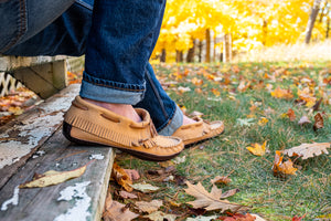 Men's Earthing Moccasins Fringed Moose Hide with Heavy Oil Tan Soles