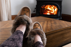 Women's Sheepskin Lined Rabbit Fur Beaded Moccasins