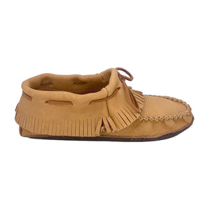 Women's Earthing Moccasins Moose Hide Fringed with Heavy Oil Tan Soles
