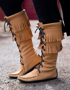 Women's Moose Hide Leather Fringed Knee High Moccasin Boots