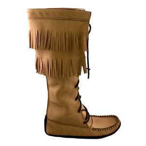 Women's Moose Hide Leather Fringed Knee High Moccasin Boots