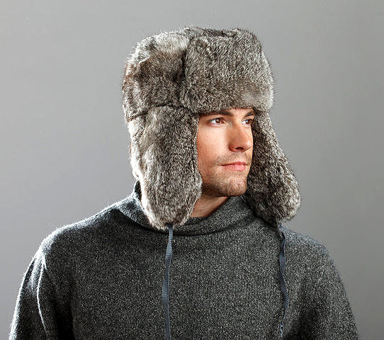 Crown Cap Luxurious Grey Real Rabbit Fur Aviator Hat for Men & Women