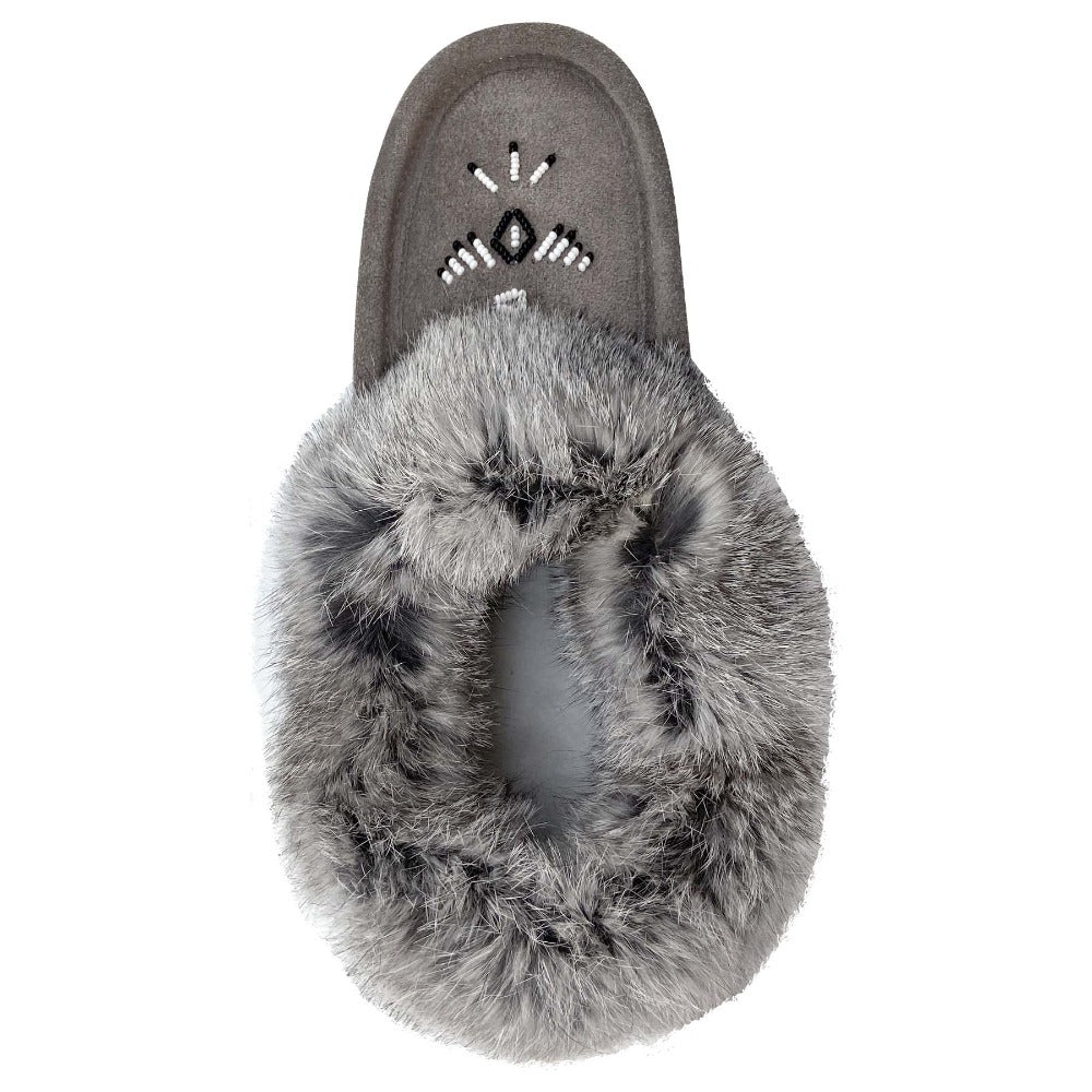 Crepe Sole Fleece Lined Ladies Moccasin Slippers with Rabbit Fur Trim –  Moccasins Canada