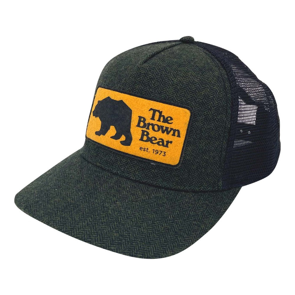 The Brown Bear' Merch High Crown Trucker Hat with Woven Label Hunter Herringbone