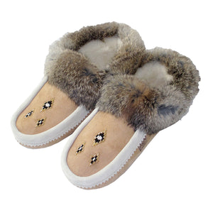 Women's Sheepskin Lined Rabbit Fur Beaded Moccasins