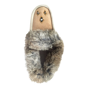 Women's Sheepskin Lined Rabbit Fur Beaded Moccasins