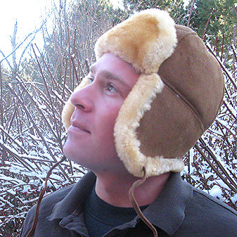 Men's or Women's Real Sheepskin Lined Trapper Style Hat with Ear