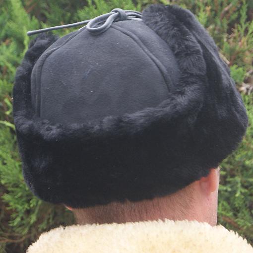Men's or Women's Real Sheepskin Lined Trapper Style Hat with Ear Flaps Black / Small